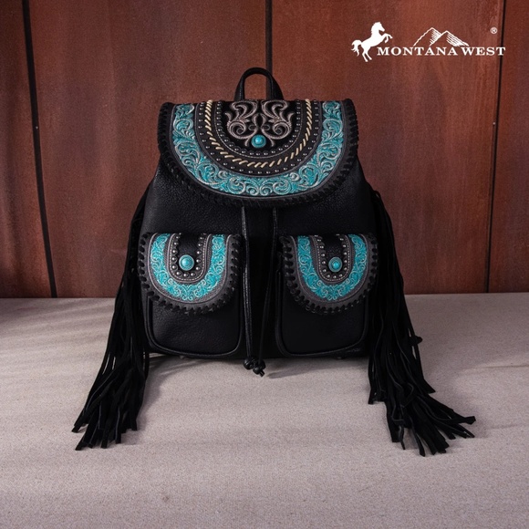 Montana West Floral Embroidered Collection Backpack Black - Picture 1 of 5